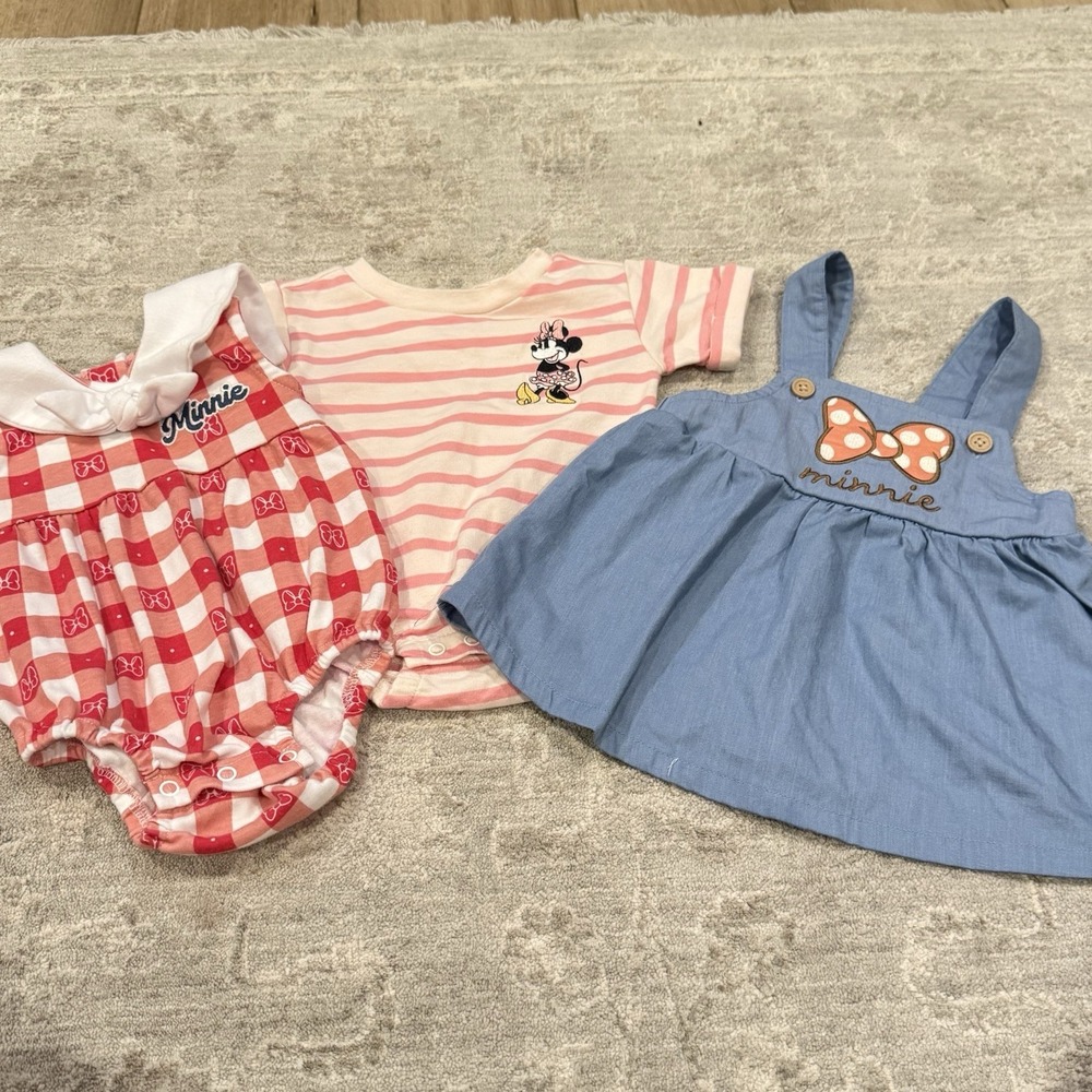 Disney Baby Minnie Mouse Girls Romper Bodysuit Lot 3pc 6-9M Gingham Pink Blue